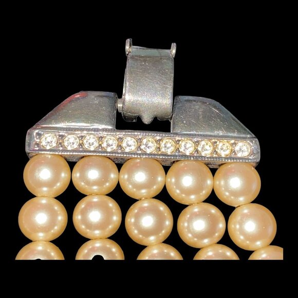 Pearl Glass Bead Necklace Bracelet Set Rhinestones Vintage - Picture 5 of 11